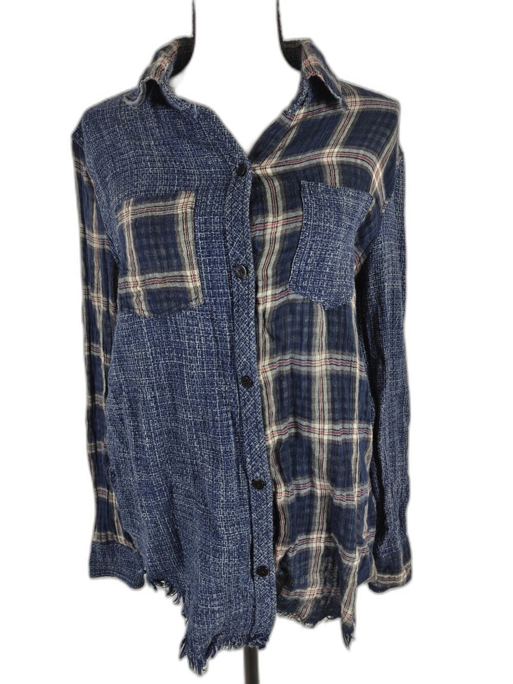 Women's Artisan De Luxe Patchwork Plaid Button Front Shirt Blue Size Medium